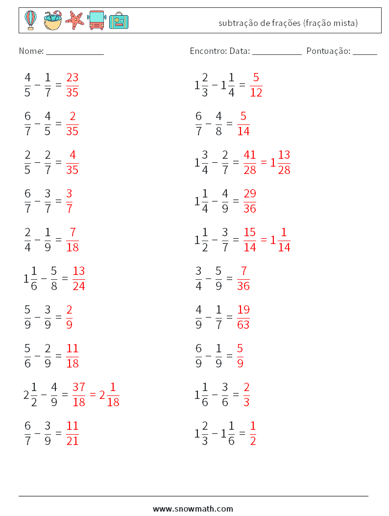 (20) subtração de frações (fração mista) planilhas matemáticas 5 Pergunta, Resposta