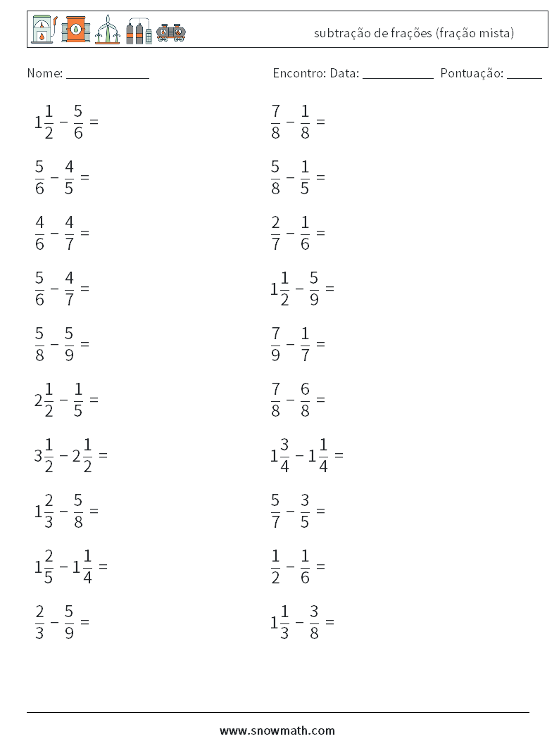 (20) subtração de frações (fração mista) planilhas matemáticas 6