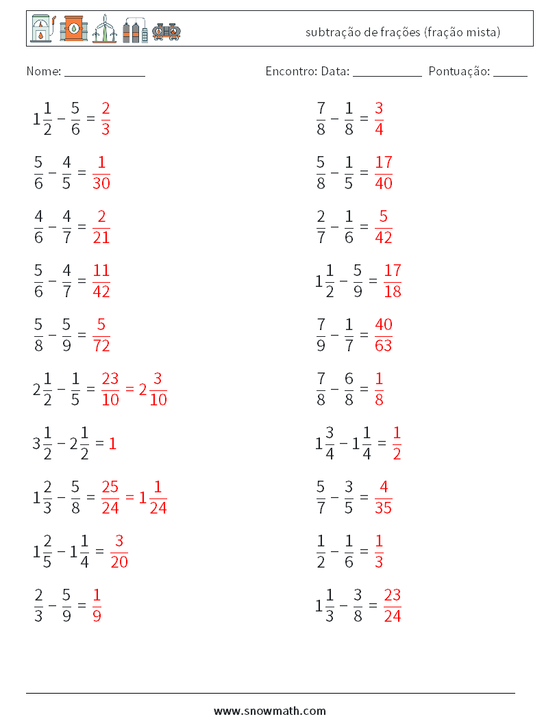 (20) subtração de frações (fração mista) planilhas matemáticas 6 Pergunta, Resposta