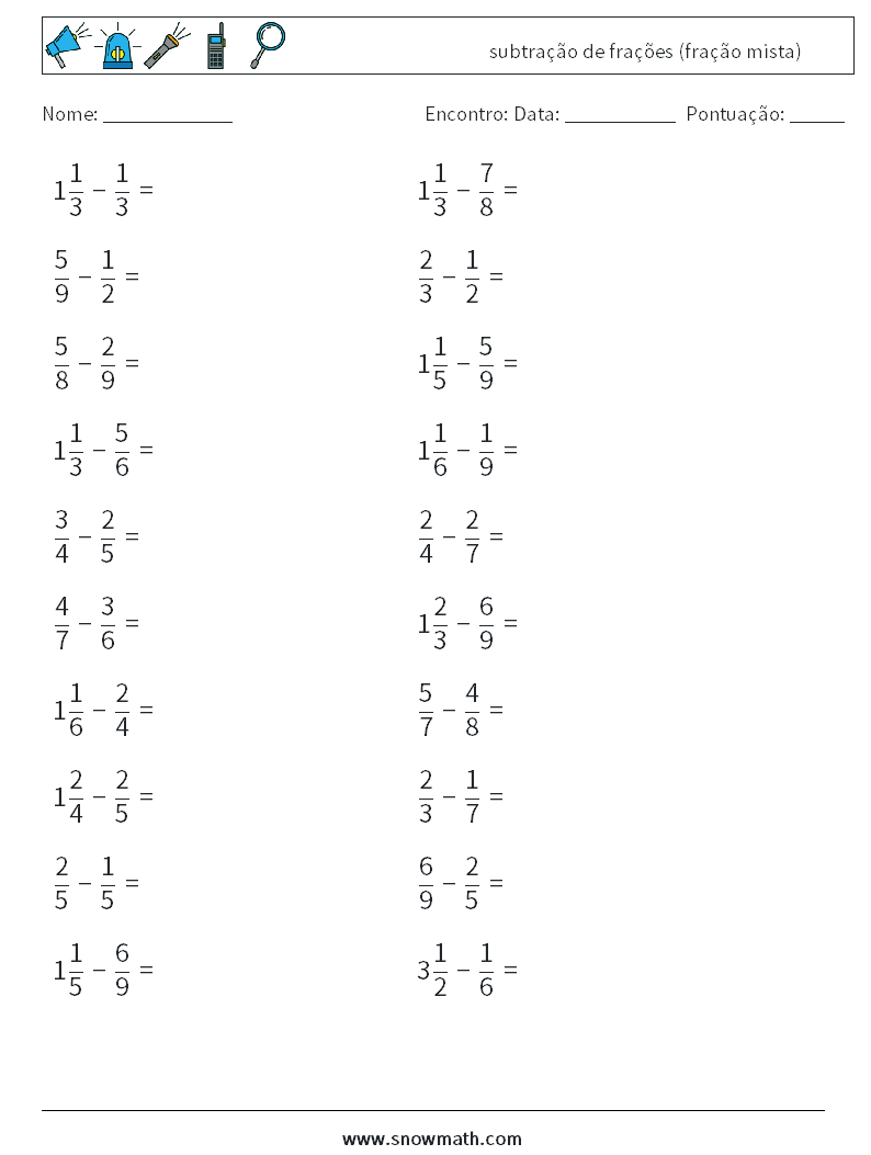 (20) subtração de frações (fração mista) planilhas matemáticas 7