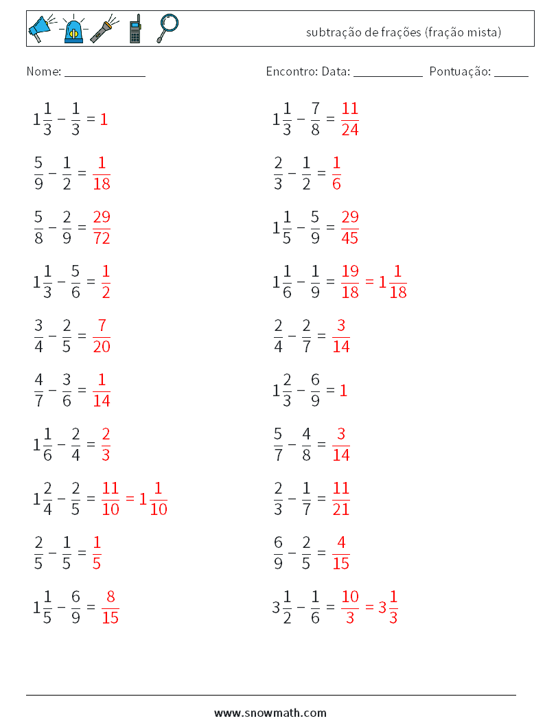 (20) subtração de frações (fração mista) planilhas matemáticas 7 Pergunta, Resposta