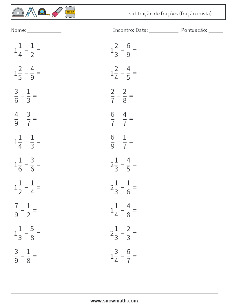 (20) subtração de frações (fração mista) planilhas matemáticas 8