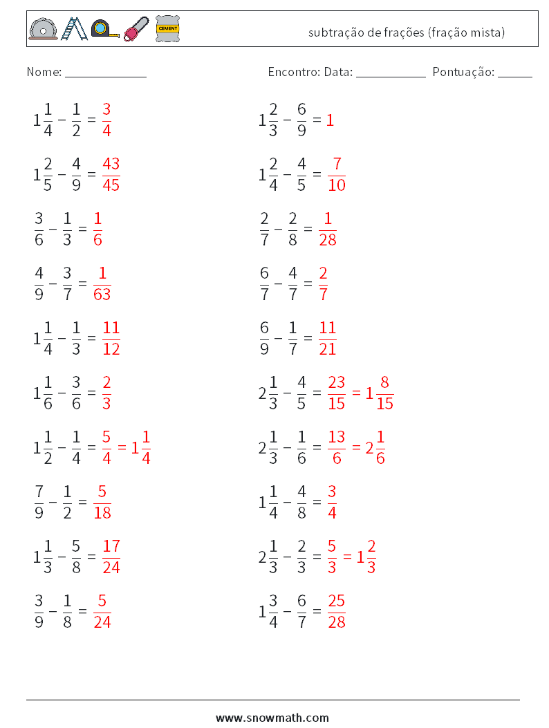 (20) subtração de frações (fração mista) planilhas matemáticas 8 Pergunta, Resposta