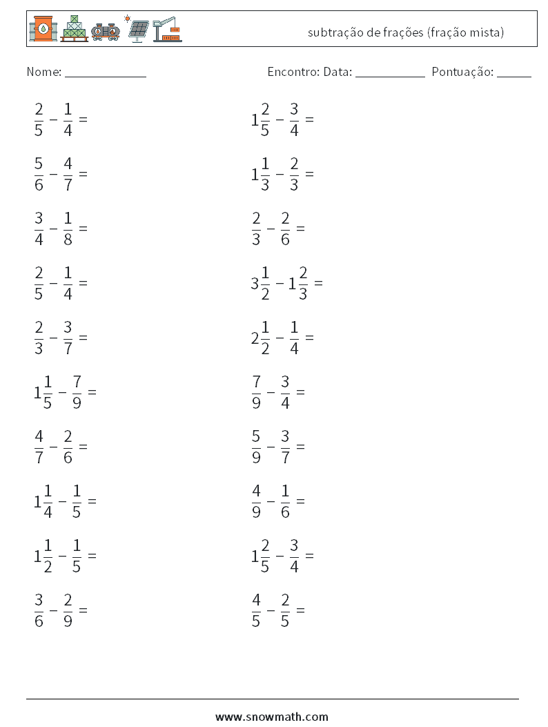 (20) subtração de frações (fração mista) planilhas matemáticas 9