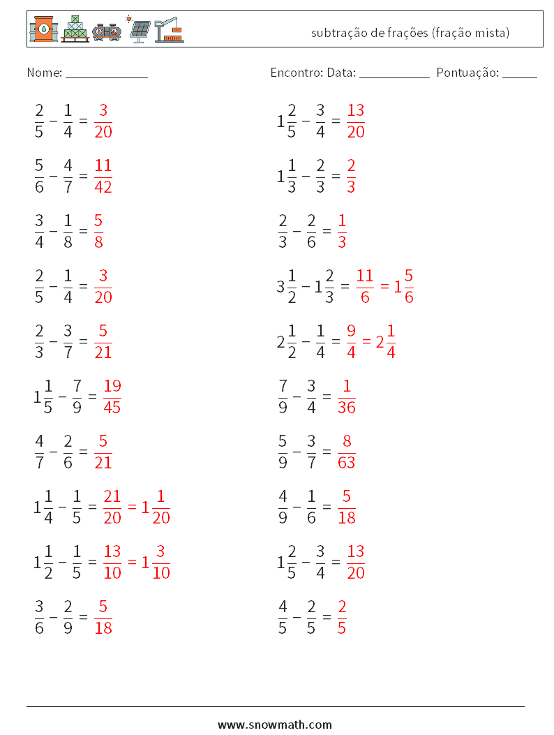 (20) subtração de frações (fração mista) planilhas matemáticas 9 Pergunta, Resposta