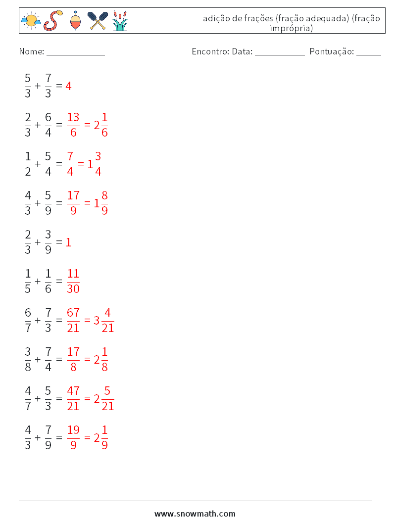 (10) adição de frações (fração adequada) (fração imprópria) planilhas matemáticas 12 Pergunta, Resposta