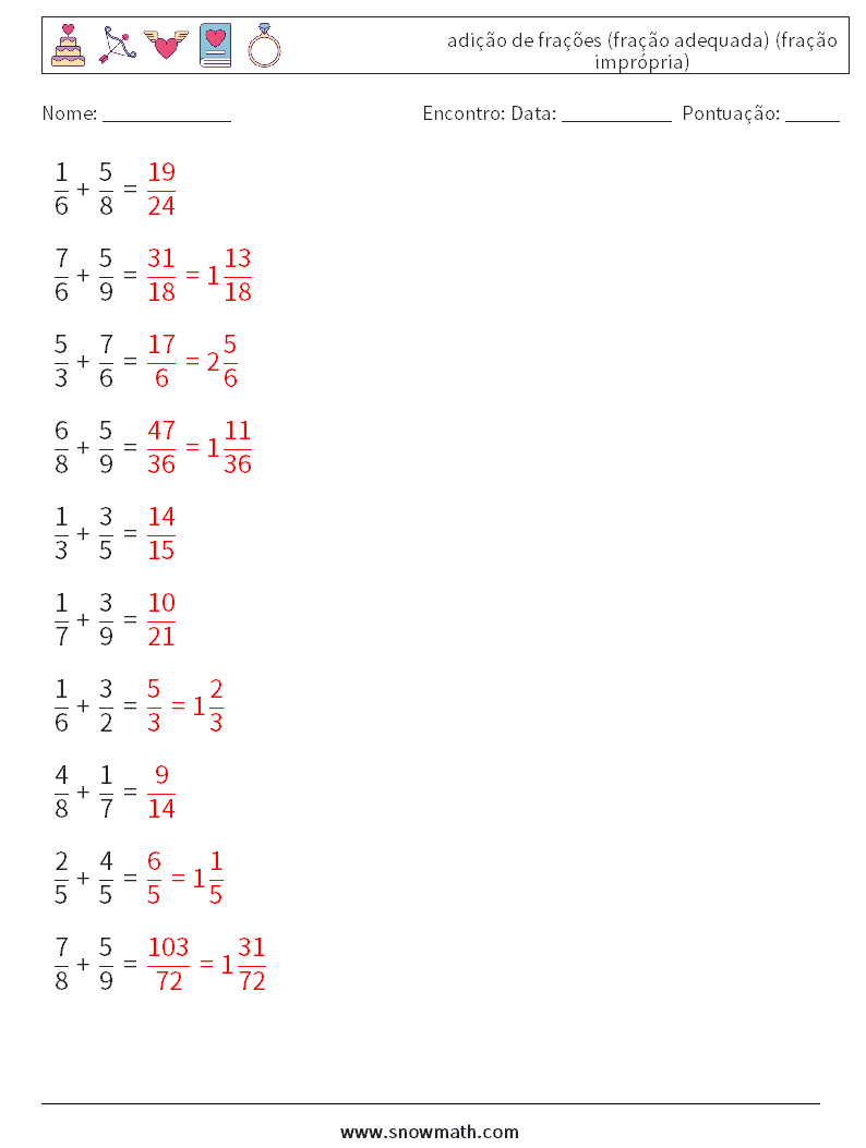 (10) adição de frações (fração adequada) (fração imprópria) planilhas matemáticas 13 Pergunta, Resposta
