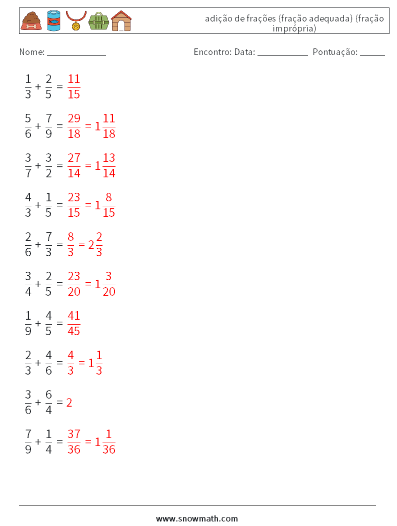 (10) adição de frações (fração adequada) (fração imprópria) planilhas matemáticas 15 Pergunta, Resposta