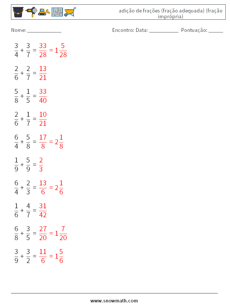 (10) adição de frações (fração adequada) (fração imprópria) planilhas matemáticas 18 Pergunta, Resposta