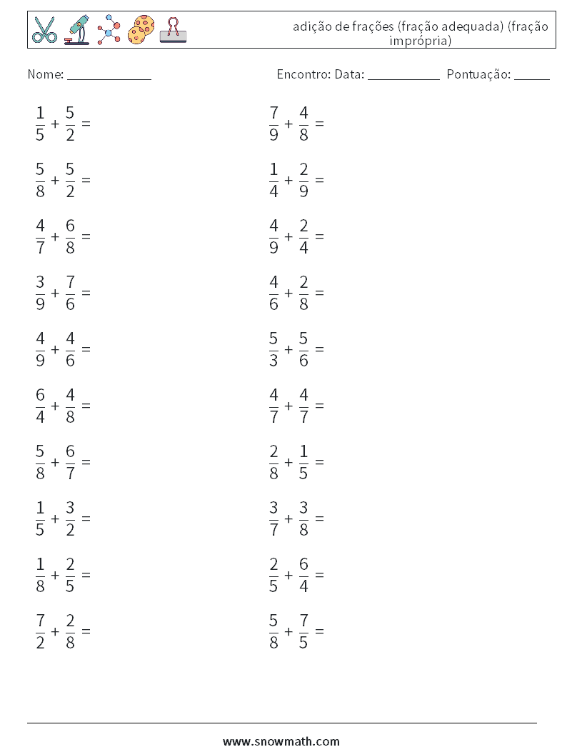 (20) adição de frações (fração adequada) (fração imprópria) planilhas matemáticas 10