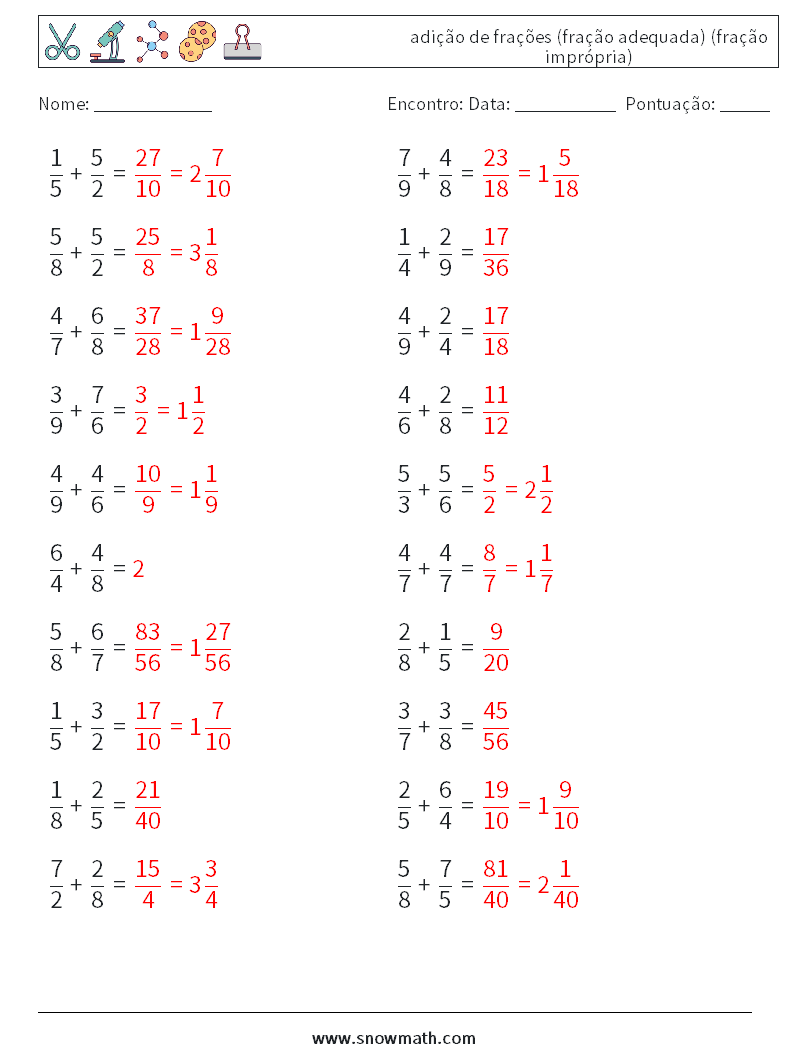 (20) adição de frações (fração adequada) (fração imprópria) planilhas matemáticas 10 Pergunta, Resposta