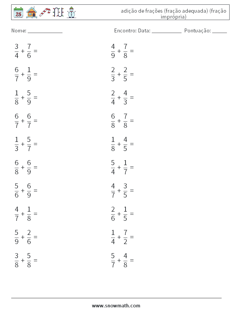 (20) adição de frações (fração adequada) (fração imprópria) planilhas matemáticas 11