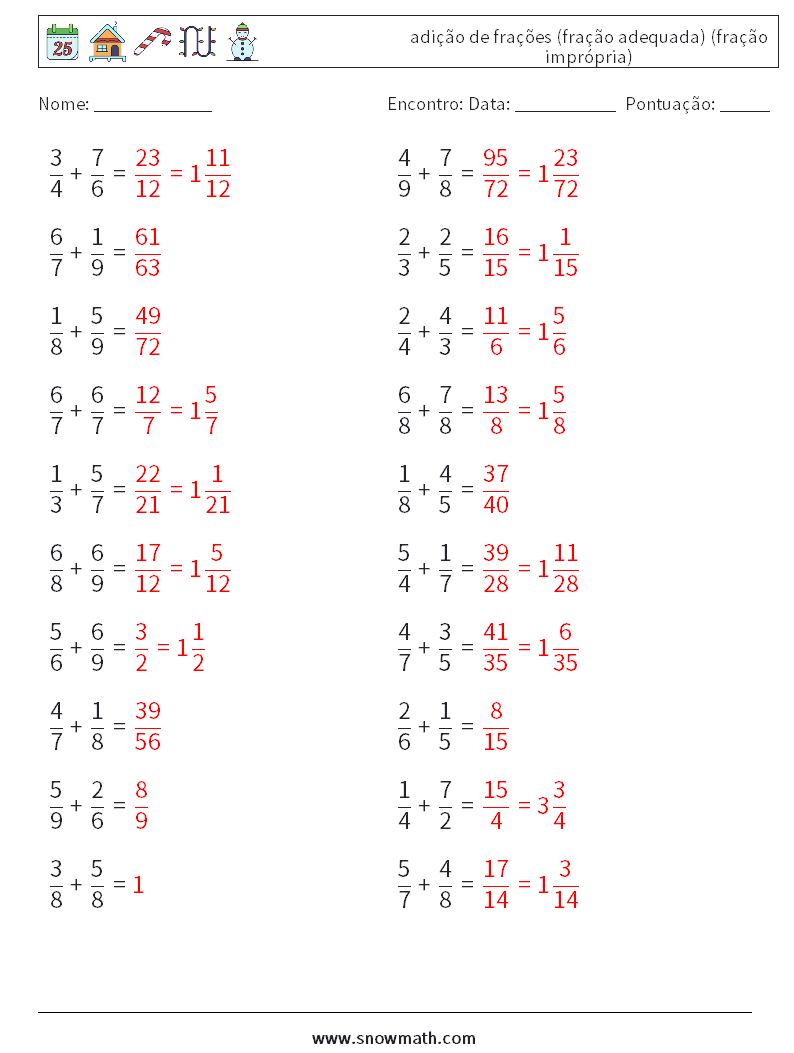 (20) adição de frações (fração adequada) (fração imprópria) planilhas matemáticas 11 Pergunta, Resposta