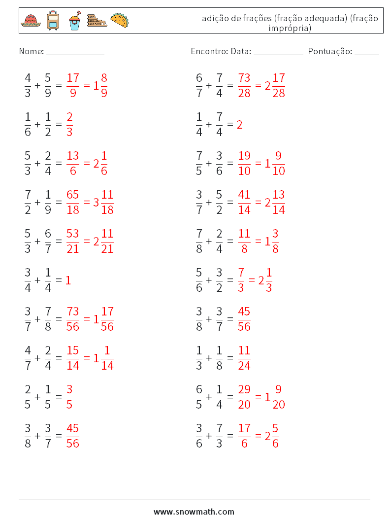 (20) adição de frações (fração adequada) (fração imprópria) planilhas matemáticas 12 Pergunta, Resposta