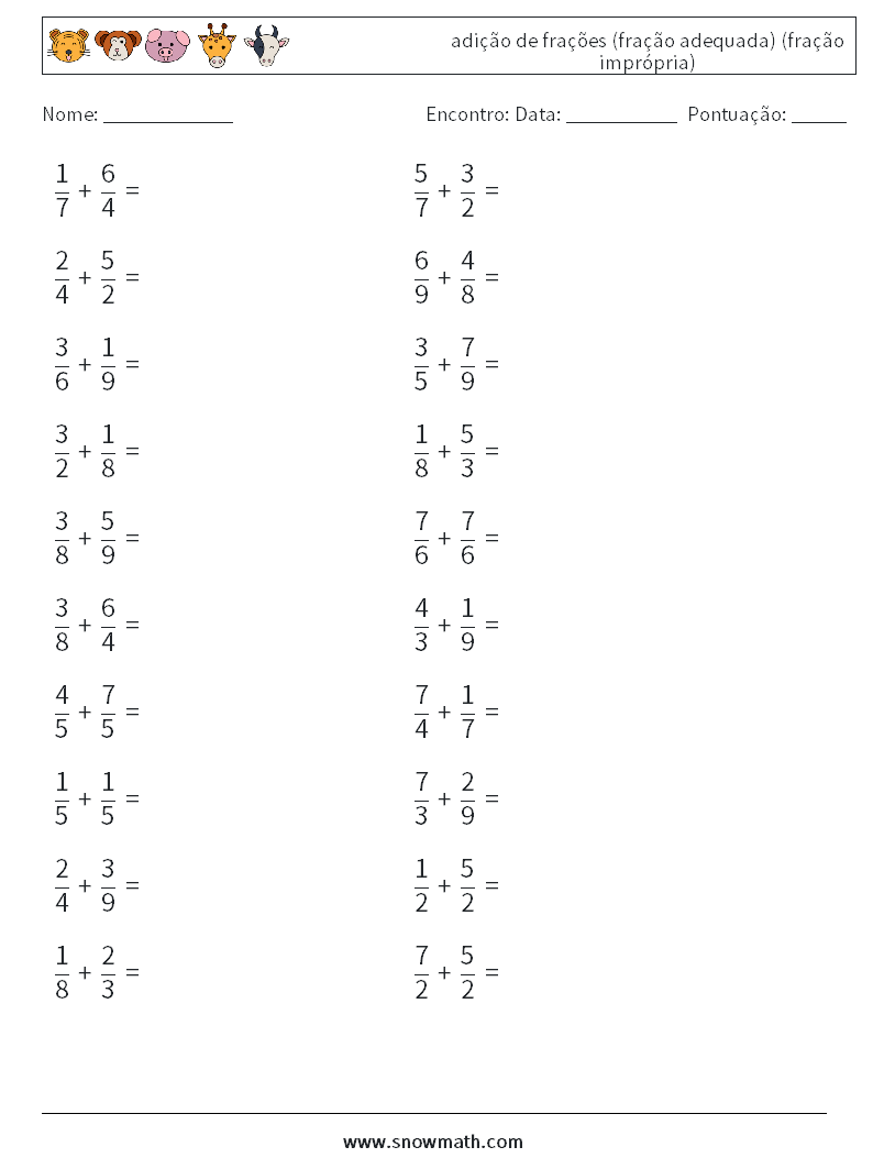 (20) adição de frações (fração adequada) (fração imprópria) planilhas matemáticas 13