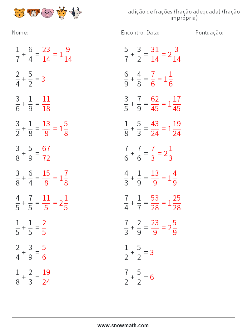 (20) adição de frações (fração adequada) (fração imprópria) planilhas matemáticas 13 Pergunta, Resposta