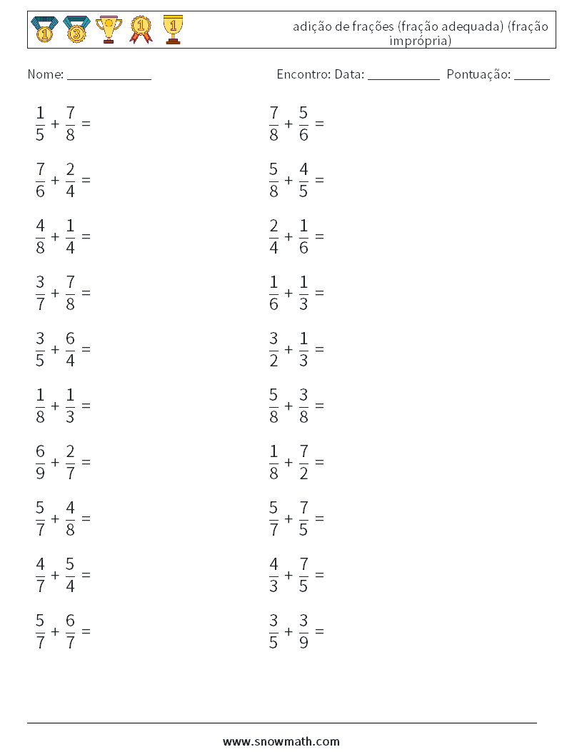 (20) adição de frações (fração adequada) (fração imprópria) planilhas matemáticas 14