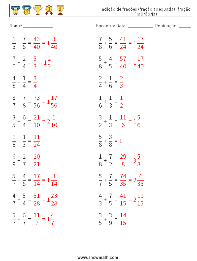 (20) adição de frações (fração adequada) (fração imprópria) planilhas matemáticas 14 Pergunta, Resposta