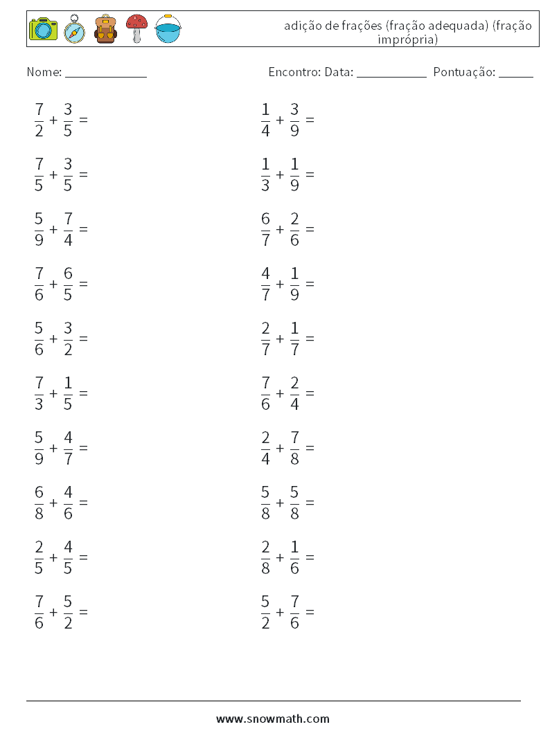 (20) adição de frações (fração adequada) (fração imprópria) planilhas matemáticas 16