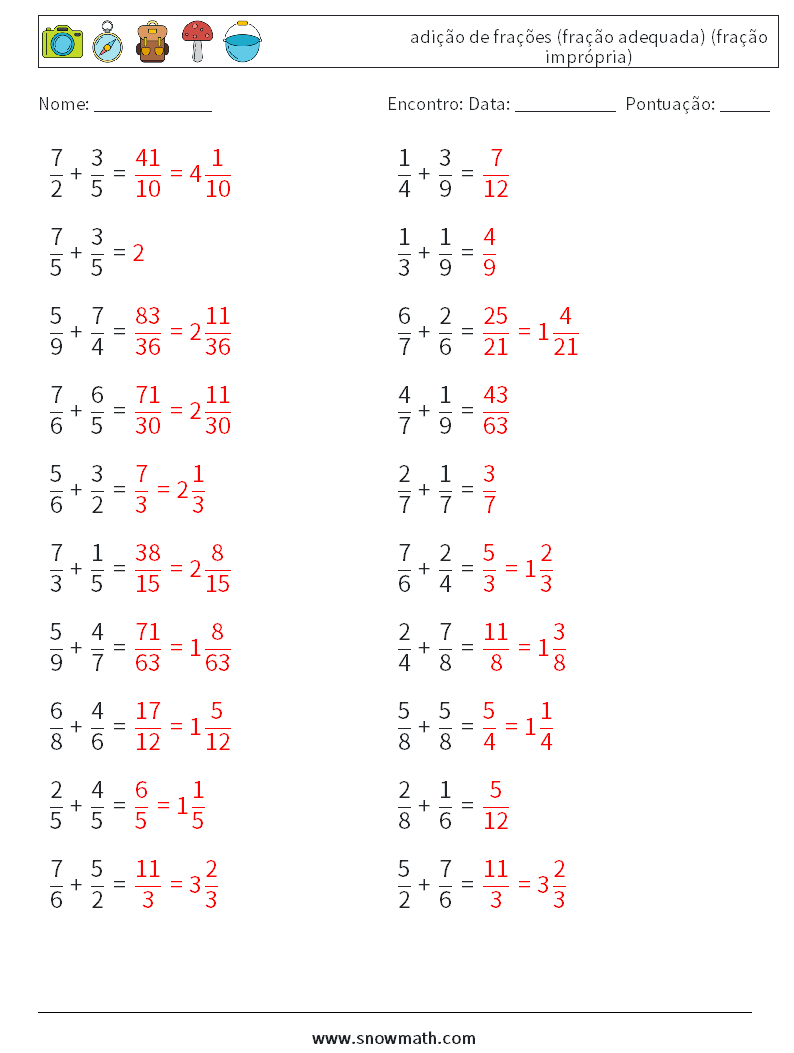 (20) adição de frações (fração adequada) (fração imprópria) planilhas matemáticas 16 Pergunta, Resposta