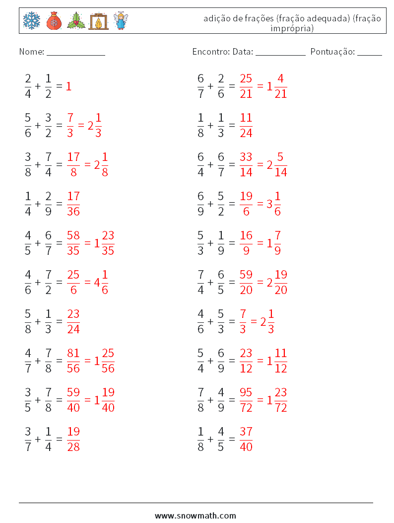(20) adição de frações (fração adequada) (fração imprópria) planilhas matemáticas 17 Pergunta, Resposta