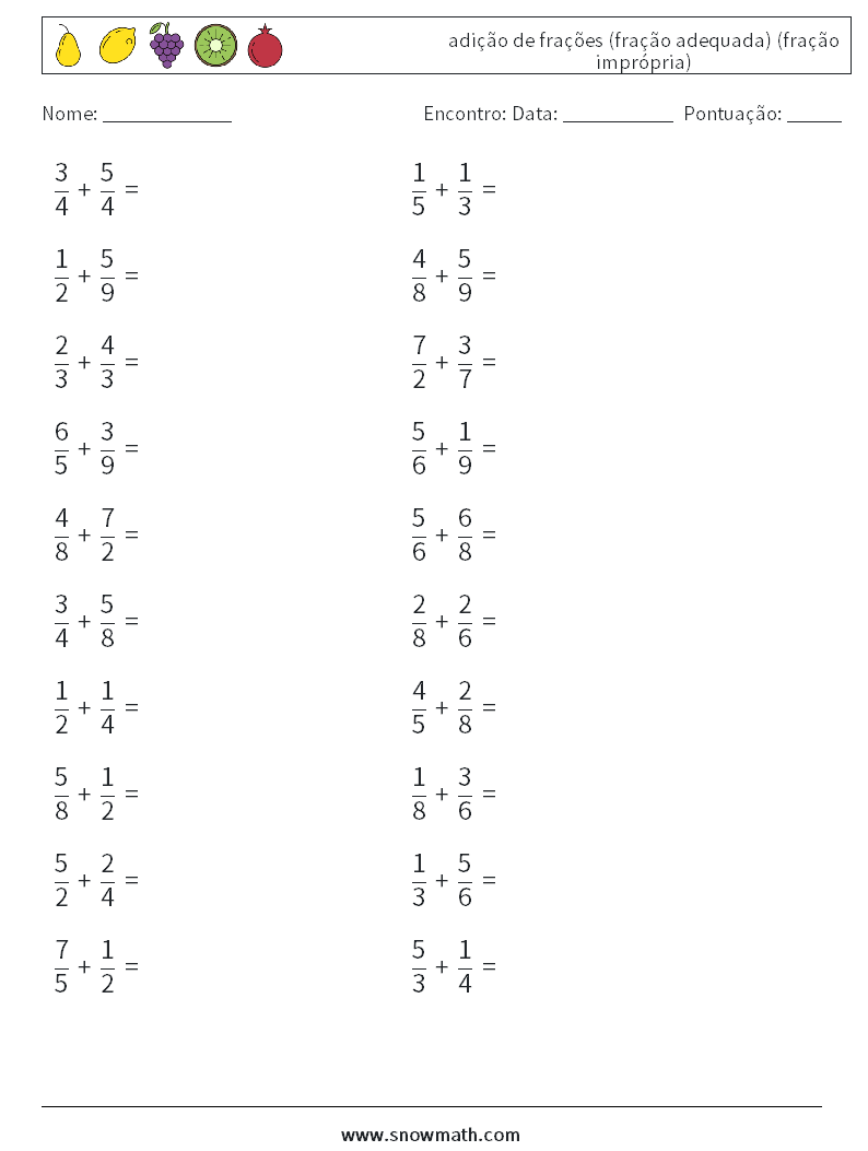 (20) adição de frações (fração adequada) (fração imprópria) planilhas matemáticas 18