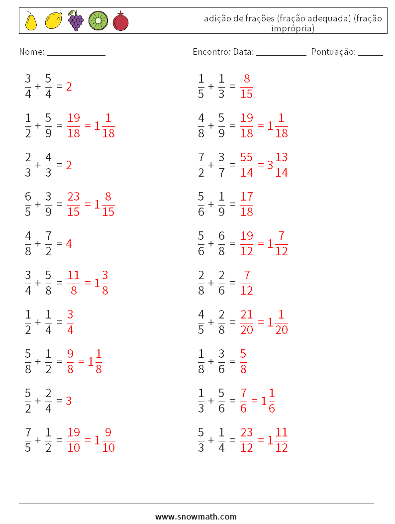 (20) adição de frações (fração adequada) (fração imprópria) planilhas matemáticas 18 Pergunta, Resposta