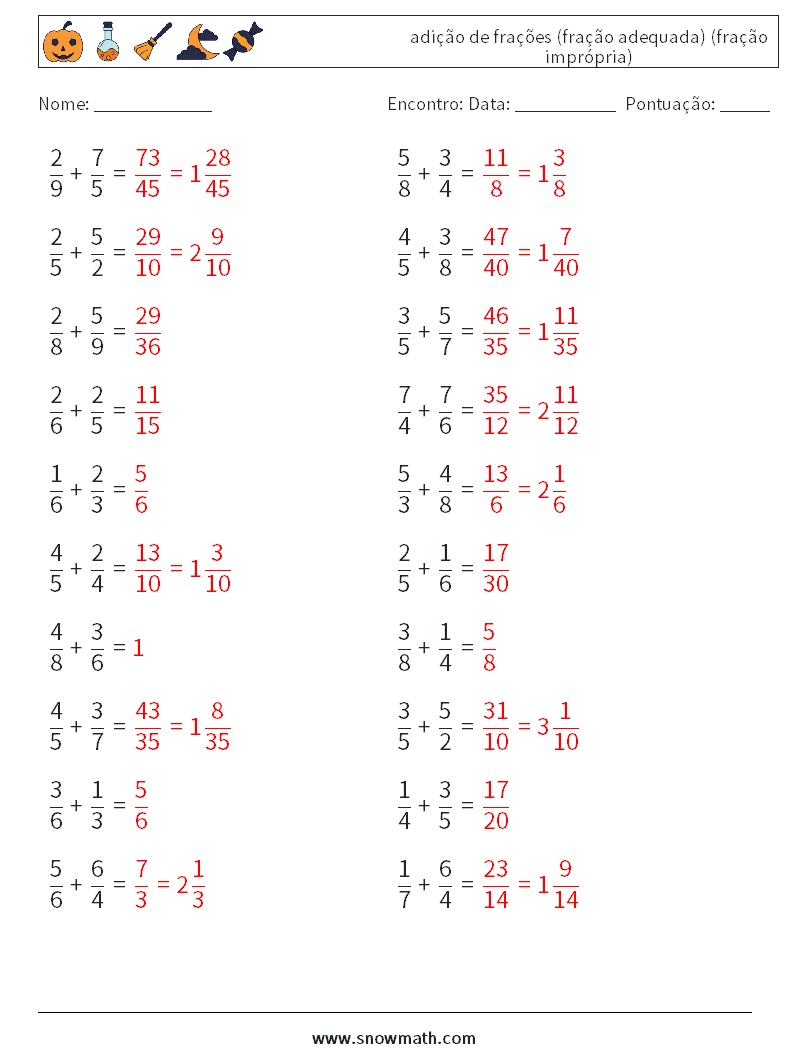 (20) adição de frações (fração adequada) (fração imprópria) planilhas matemáticas 1 Pergunta, Resposta