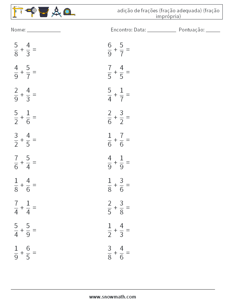 (20) adição de frações (fração adequada) (fração imprópria) planilhas matemáticas 3