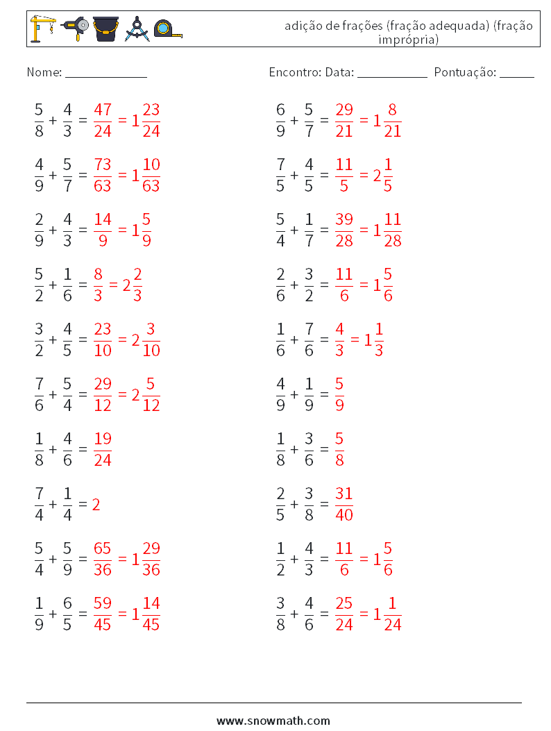 (20) adição de frações (fração adequada) (fração imprópria) planilhas matemáticas 3 Pergunta, Resposta