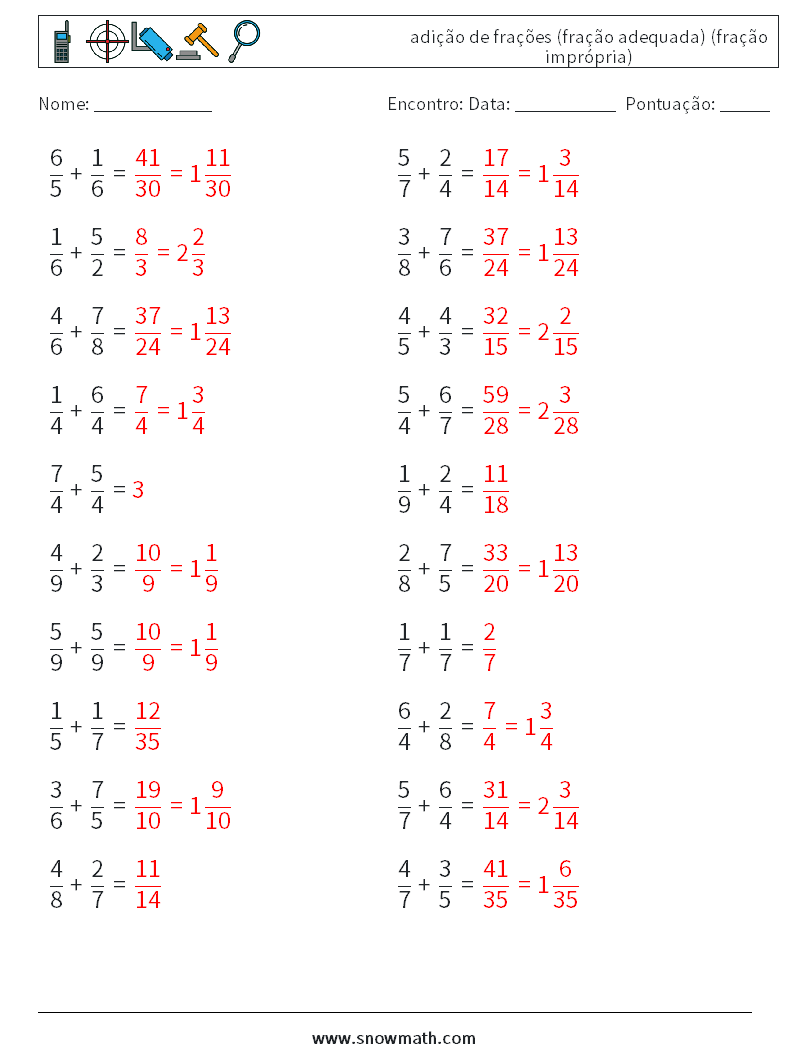 (20) adição de frações (fração adequada) (fração imprópria) planilhas matemáticas 4 Pergunta, Resposta