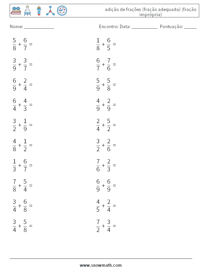 (20) adição de frações (fração adequada) (fração imprópria) planilhas matemáticas 5