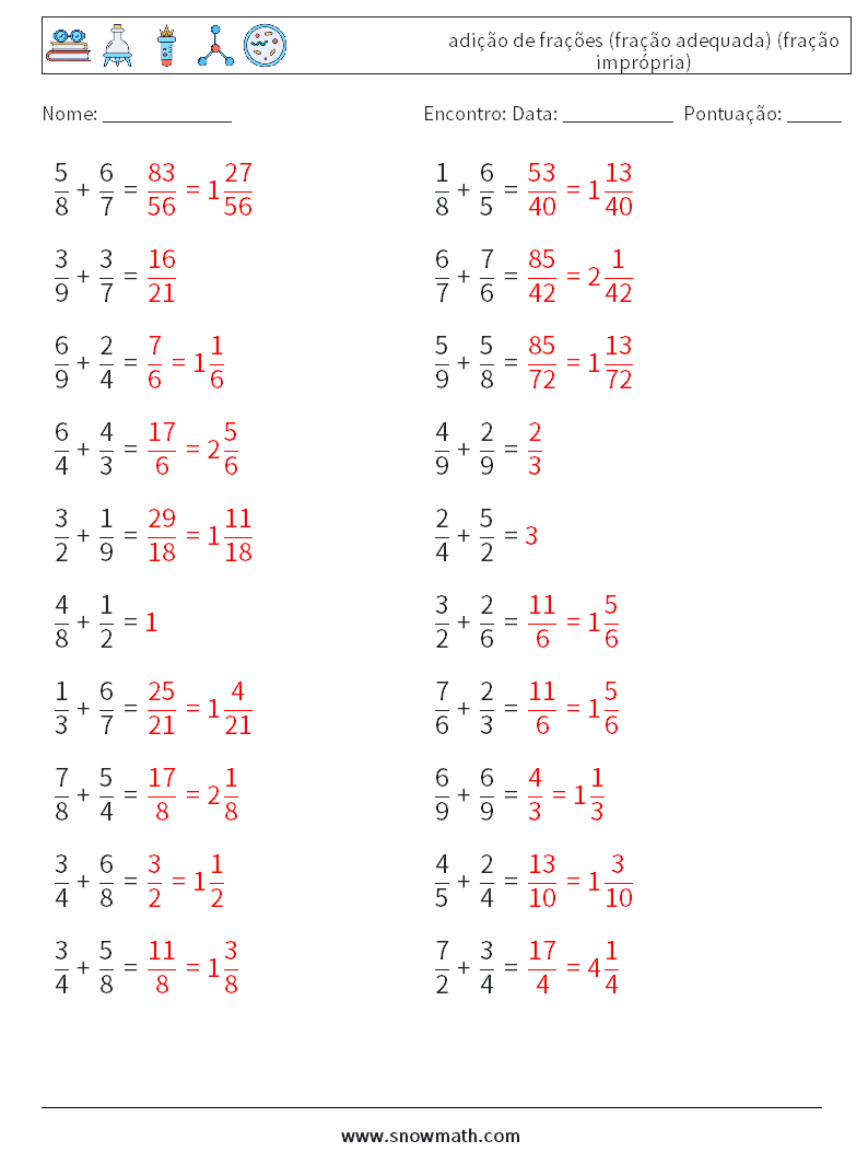 (20) adição de frações (fração adequada) (fração imprópria) planilhas matemáticas 5 Pergunta, Resposta