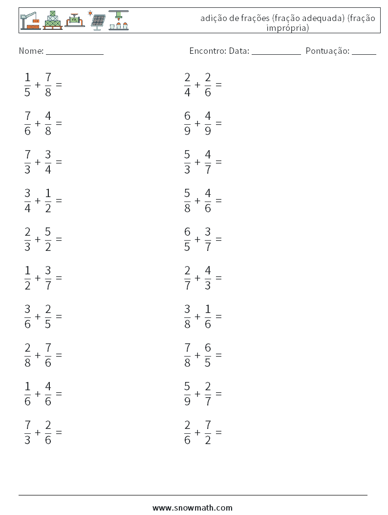(20) adição de frações (fração adequada) (fração imprópria) planilhas matemáticas 6