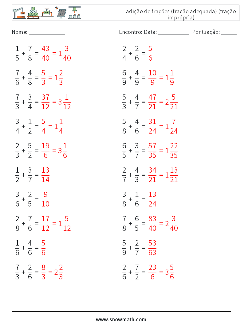 (20) adição de frações (fração adequada) (fração imprópria) planilhas matemáticas 6 Pergunta, Resposta