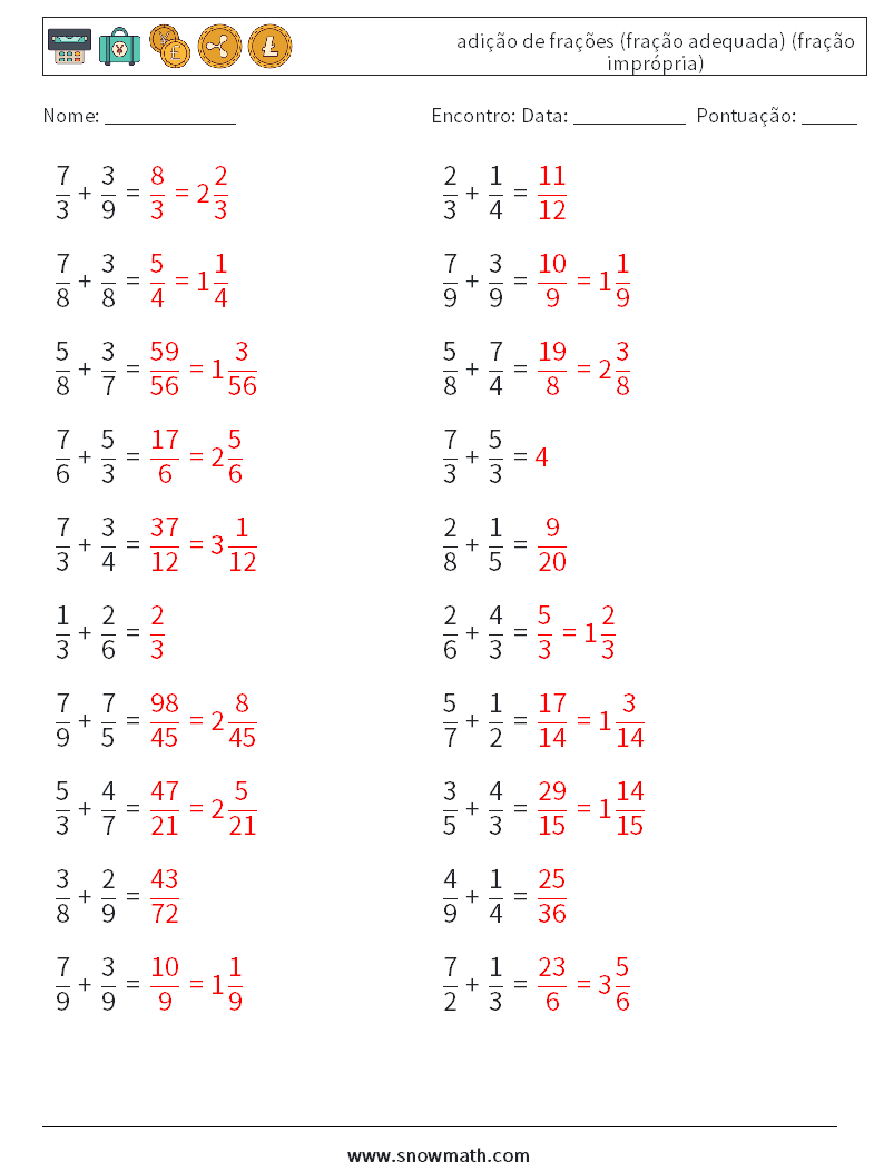 (20) adição de frações (fração adequada) (fração imprópria) planilhas matemáticas 7 Pergunta, Resposta