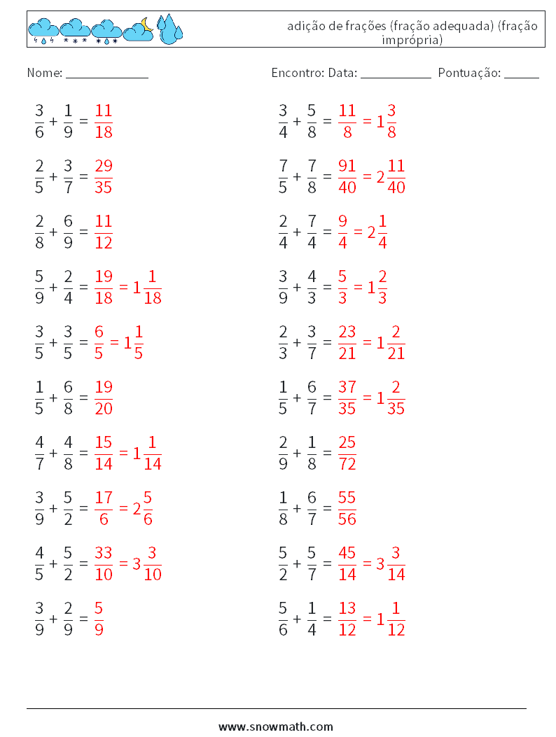 (20) adição de frações (fração adequada) (fração imprópria) planilhas matemáticas 8 Pergunta, Resposta