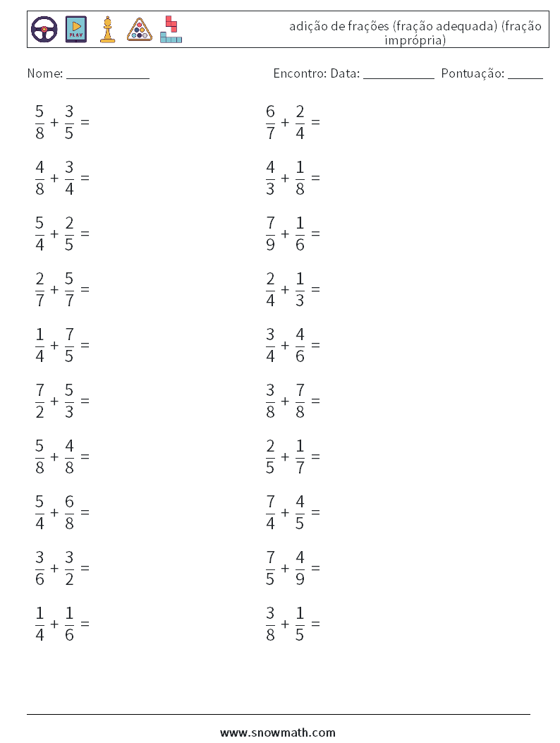 (20) adição de frações (fração adequada) (fração imprópria) planilhas matemáticas 9