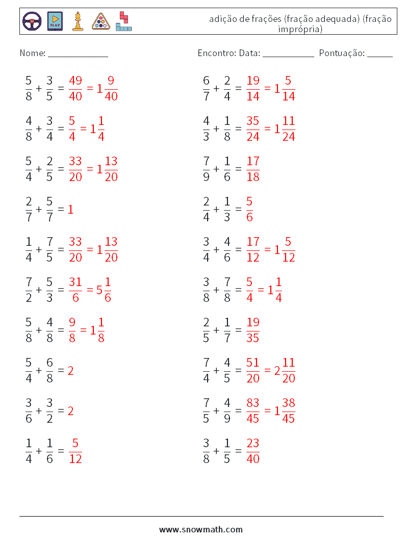 (20) adição de frações (fração adequada) (fração imprópria) planilhas matemáticas 9 Pergunta, Resposta