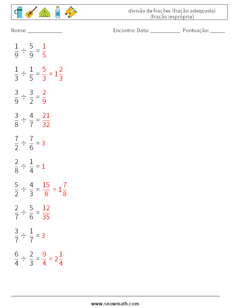 (10) divisão de frações (fração adequada) (fração imprópria) planilhas matemáticas 11 Pergunta, Resposta