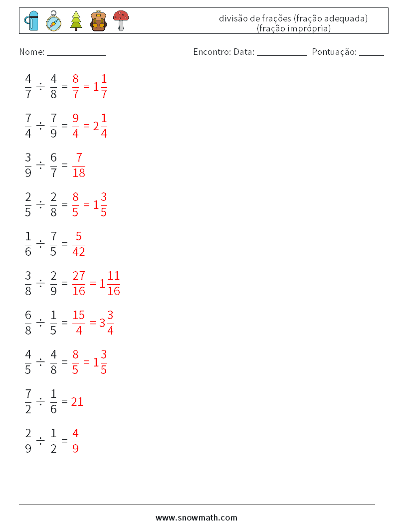 (10) divisão de frações (fração adequada) (fração imprópria) planilhas matemáticas 16 Pergunta, Resposta