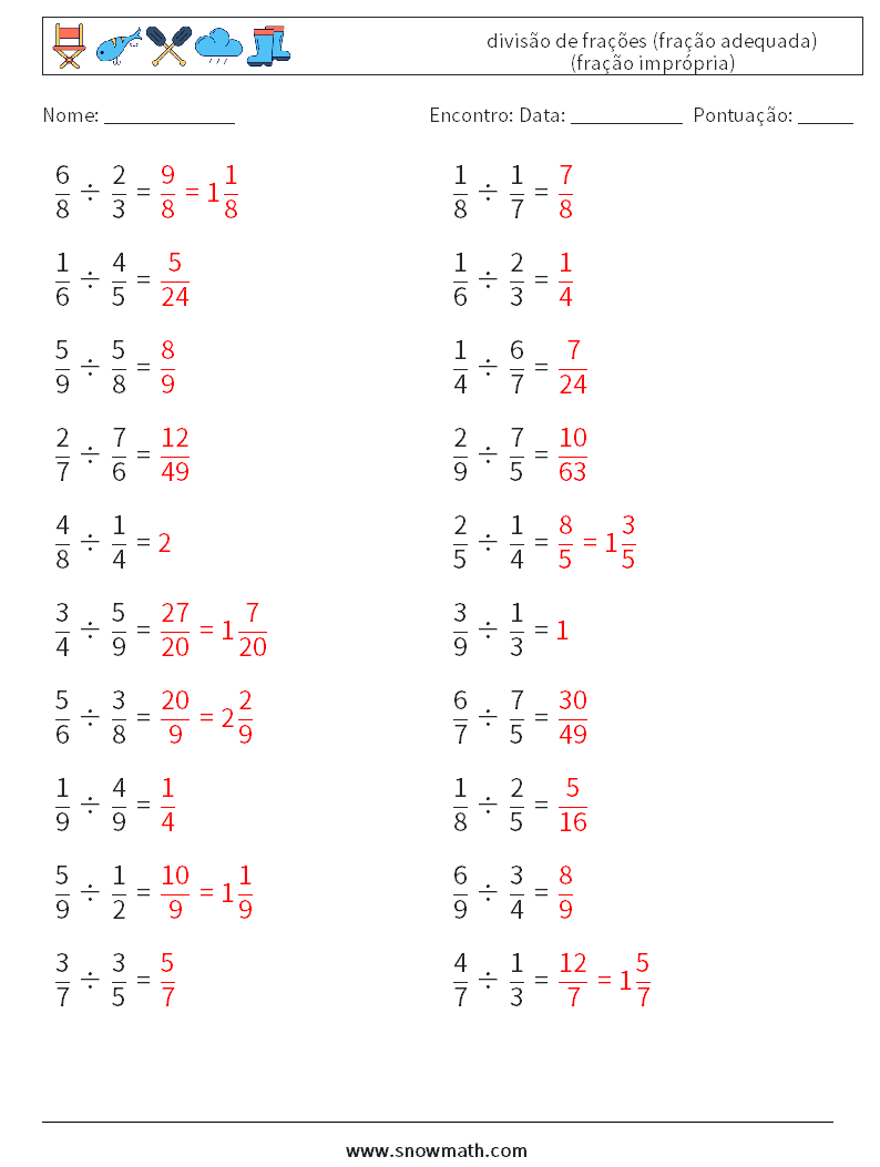(20) divisão de frações (fração adequada) (fração imprópria) planilhas matemáticas 1 Pergunta, Resposta
