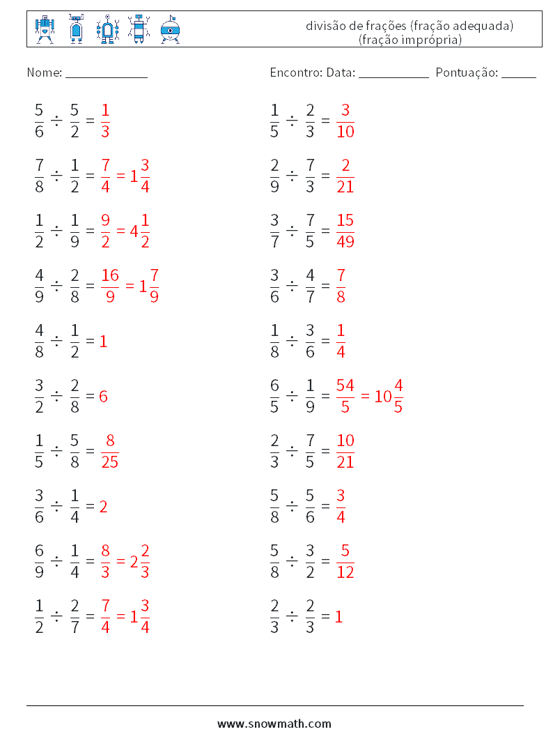 (20) divisão de frações (fração adequada) (fração imprópria) planilhas matemáticas 2 Pergunta, Resposta