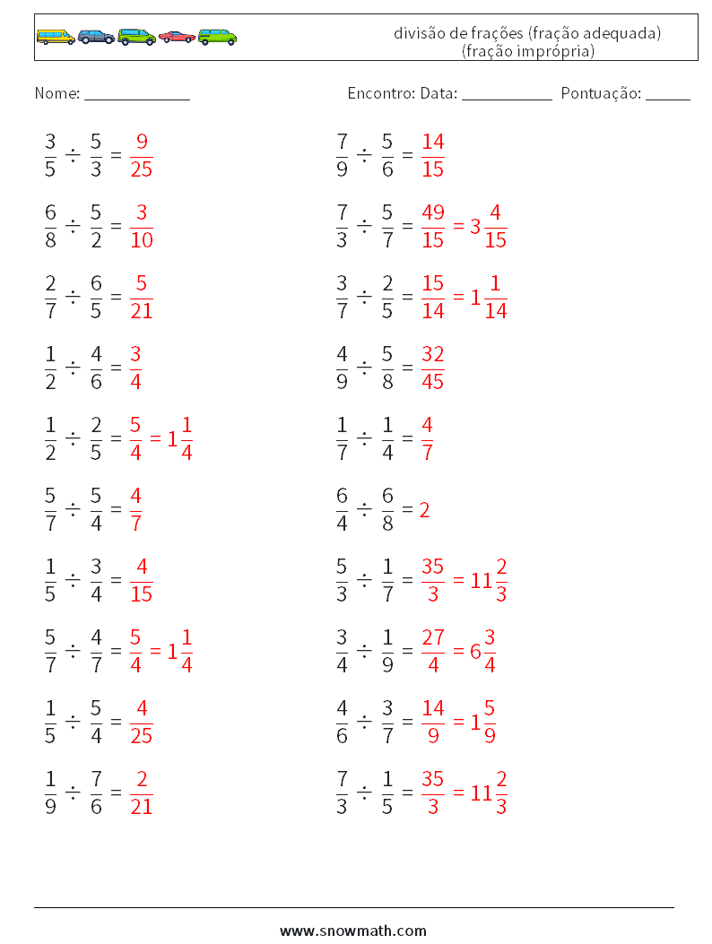 (20) divisão de frações (fração adequada) (fração imprópria) planilhas matemáticas 3 Pergunta, Resposta