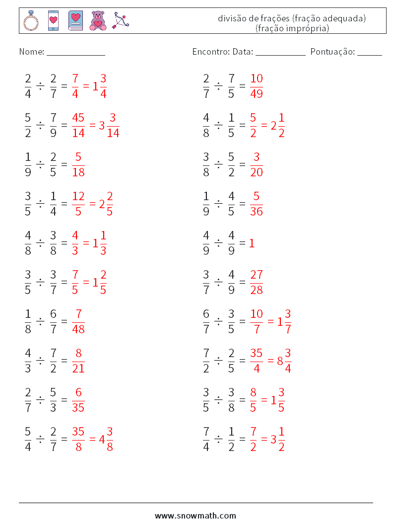 (20) divisão de frações (fração adequada) (fração imprópria) planilhas matemáticas 4 Pergunta, Resposta