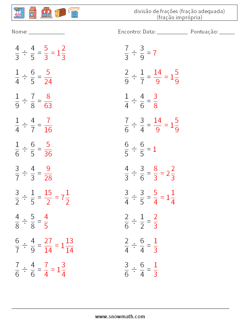 (20) divisão de frações (fração adequada) (fração imprópria) planilhas matemáticas 5 Pergunta, Resposta