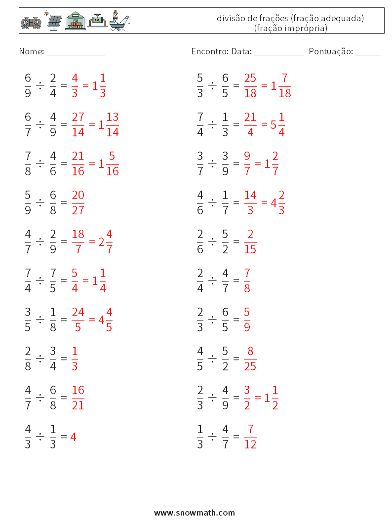 (20) divisão de frações (fração adequada) (fração imprópria) planilhas matemáticas 6 Pergunta, Resposta