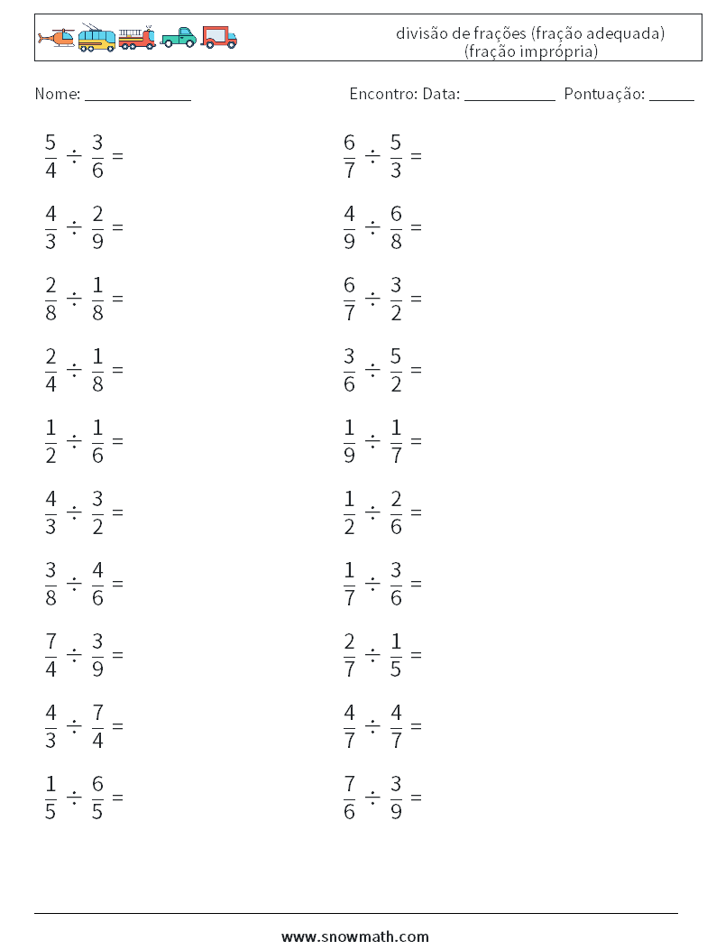 (20) divisão de frações (fração adequada) (fração imprópria) planilhas matemáticas 7