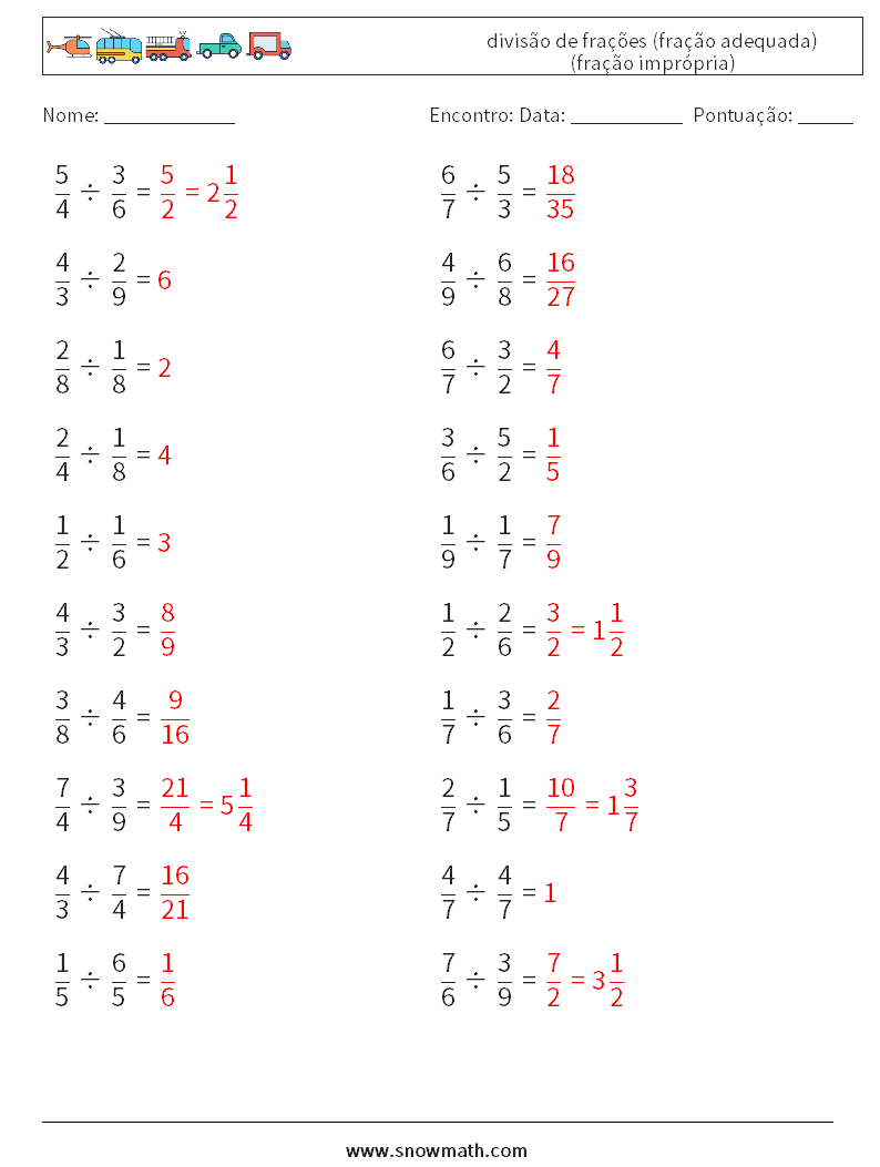 (20) divisão de frações (fração adequada) (fração imprópria) planilhas matemáticas 7 Pergunta, Resposta