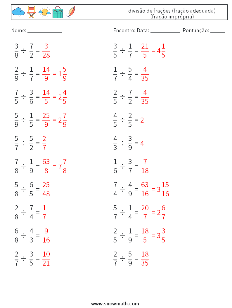 (20) divisão de frações (fração adequada) (fração imprópria) planilhas matemáticas 9 Pergunta, Resposta
